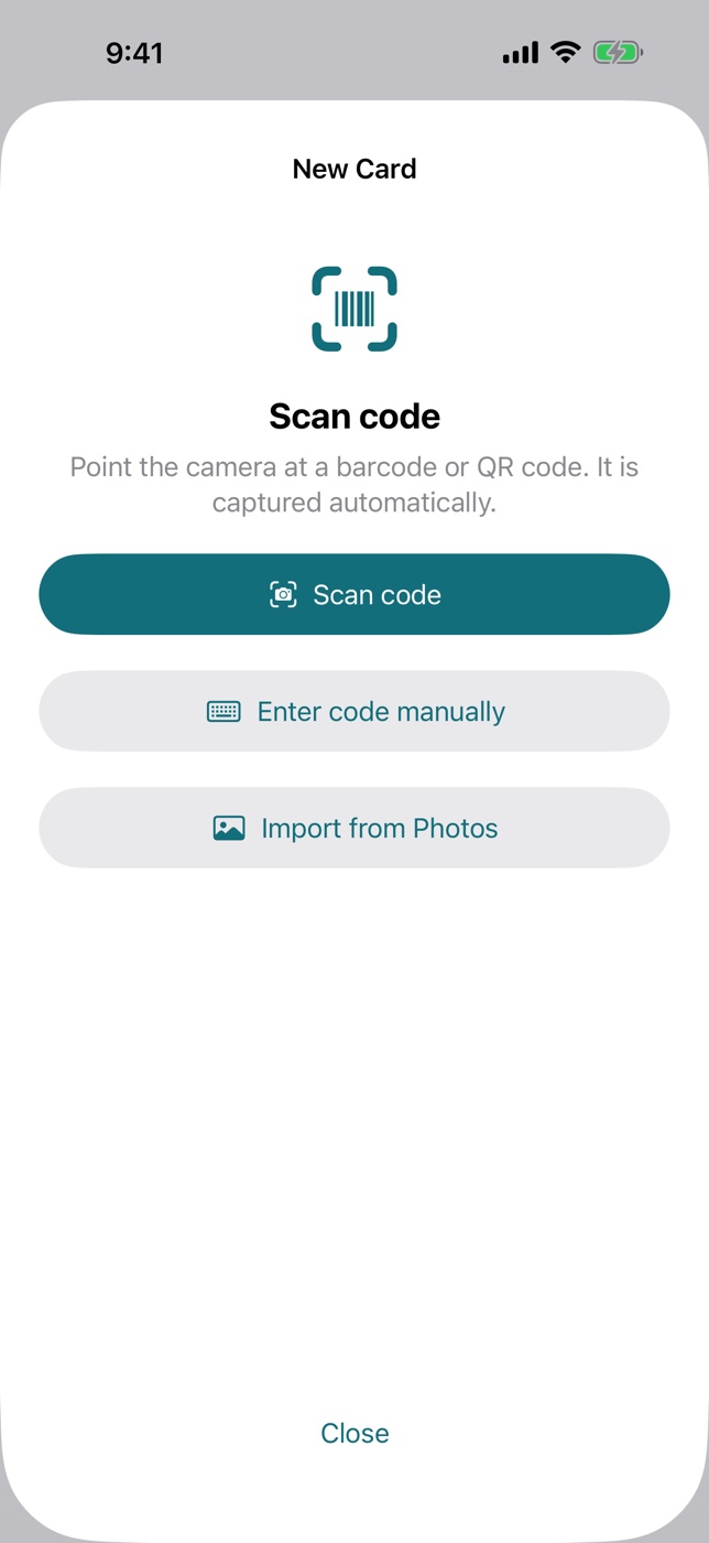 New card screen with scan, manual entry, and photo import options