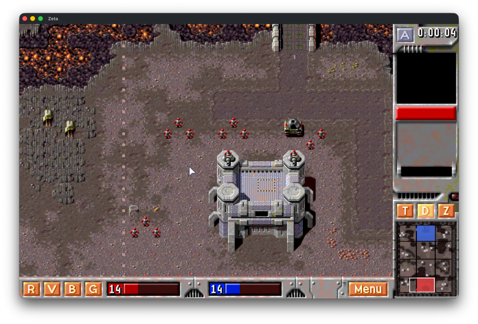 Zeta running the Z demo map with the player base, robots, and original HUD